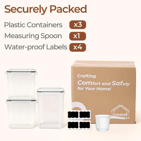 Flour And Sugar Storage Containers Set Of 3 Large Airtight Plastic Canisters With Lids, measuring spoon, and labels next to box