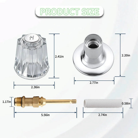 2 Piece Shower Handle Remodel Kit For Verve Faucets with dimensions for clear acrylic handle, flange, stems, and pipe