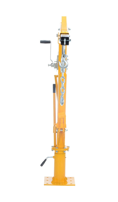 Workhorse Winch Operated Jib Crane With 2000 Lb Capacity And Seven Foot Reach built tough, side view of yellow jib crane with hand winch.