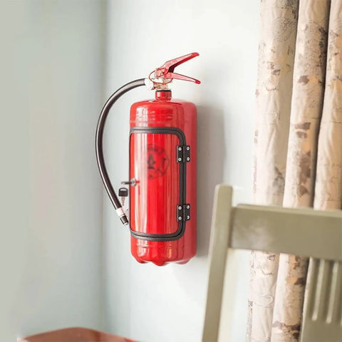 Disguised As A Realistic Fire Extinguisher Mini Bar mounted on a wall, resembling a fire safety tool for hidden booze storage.