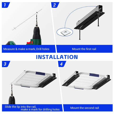 Installation steps for Six Pack Overhead Storage Rack For Garage Ceilings, showing drilling, rail mounting, and bin placement.