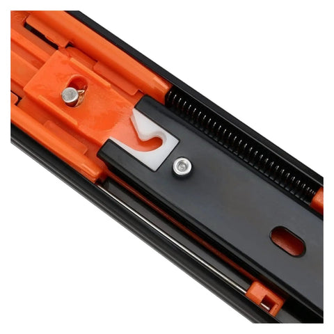 Close-up of Heavy Duty Bottom Mount Buffer Drawer Slides Two Pack Smooth Glide Cabinet Runners with orange components.