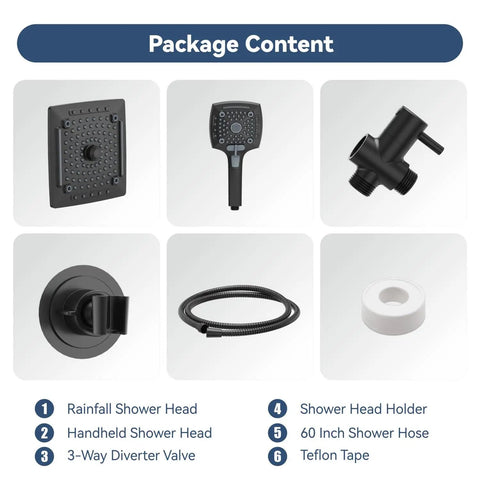 Package content of Rain Shower Head and Handheld Combo With 60 Inch Hose, Dual Adjustable Shower Set, 3 Way Diverter shown