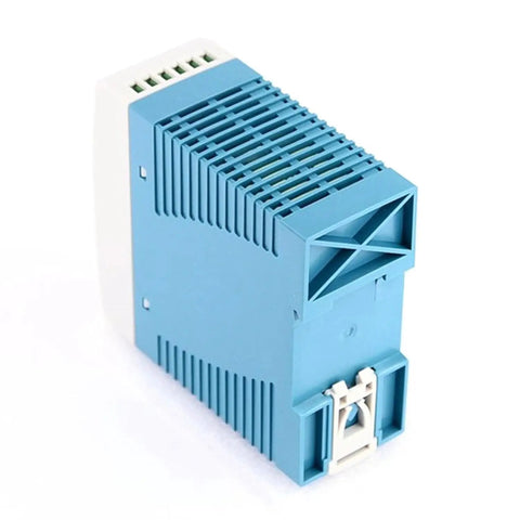 30W 5V DC DIN Rail Power Supply With 6A Output Wide Input 85 to 264 VAC Or 120 to 370 VDC Class I Division 2 Hazardous Location Auto Recovery Short Circuit Overcurrent and Overvoltage Protection For Rock Solid Global Installations, blue plastic DIN rail module
