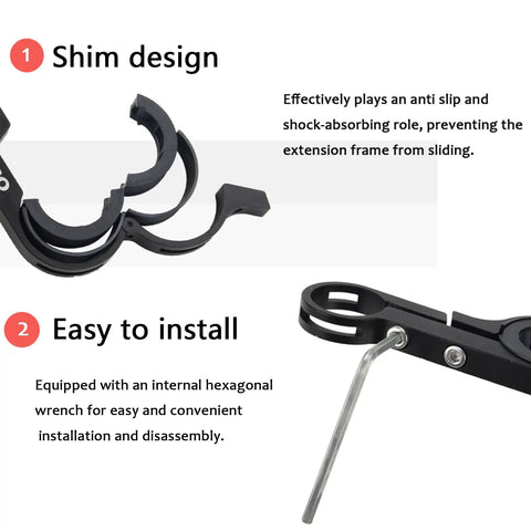 Bike Handlebar Extender Aluminum Alloy Bracket Extension Set showing shim design and easy installation with hexagonal wrench.
