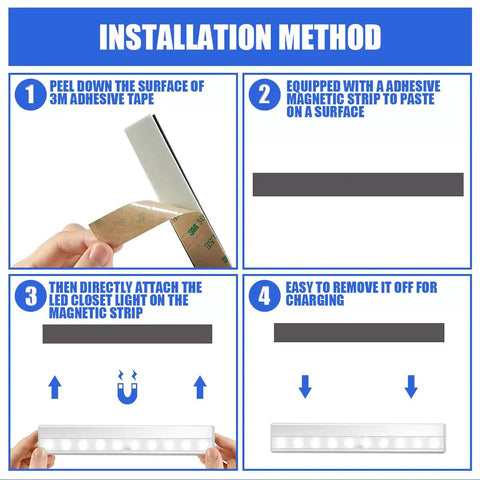 Installation method for 6 Pack LED Motion Sensor Closet Lights With 10 LED Battery Operated Stick On Magnetic Night Light Bar
