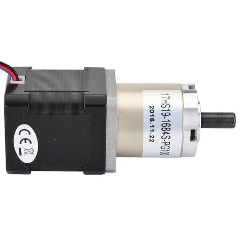 Side view of NEMA 17 stepper motor with 100:1 planetary gearbox, black housing, silver gearbox
