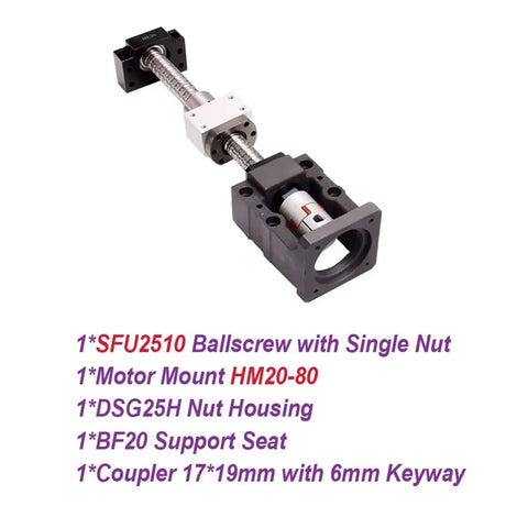 Slay Your CNC Projects With This Premium 25mm SFU2510 Ballscrew Kit Featuring C7 Grade Precision Includes Double Nuts BF20 Bearings HM Couplers And Nema32 Compatible Hardware For Maximum Velocity. SFU2510 ballscrew kit with single nut, HM20-80 mount, BF20 seat, and 17x19mm coupler