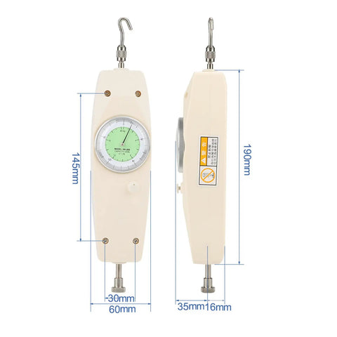 200N Handheld Analog Dynamometer Force Tester With Dial Gauge For Electronics, Hardware, And Auto Parts, Push Pull Gauge Meter, Bench Mount Ready, Portable Force Gauge For Precise Push And Pull Measurements, cream plastic body with hooks and dial