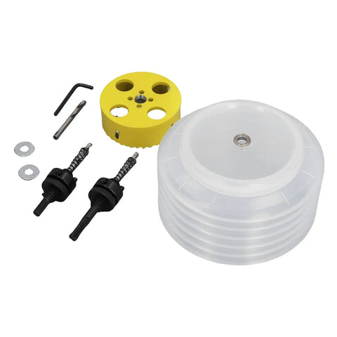 Precision 4.25 Inch Hole Saw Kit For Recessed Lighting And Can Lights. Heavy duty steel cutter set with dust bowl and drill bits.