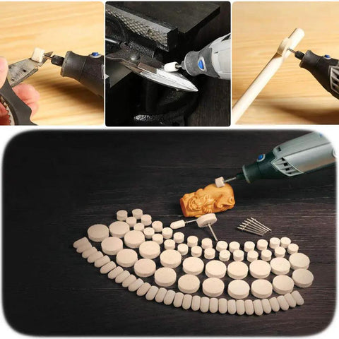 Polishing Buffing Wheel Kit For Rotary Tools Accessories Pack 111 Pcs With Felt Pads Wheels Points And Mandrel Kit One Eighth Inch Shank in use on various materials