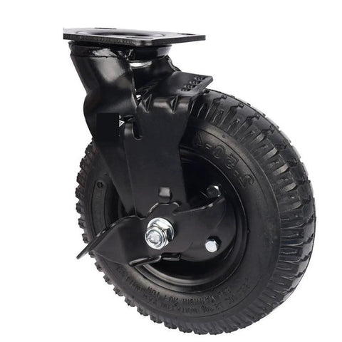 Tough As Nails Eight Inch Pneumatic Rubber Wheel With Flanged Track And Reliable Side Brake designed for heavy loads and hotel carts, close-up view.