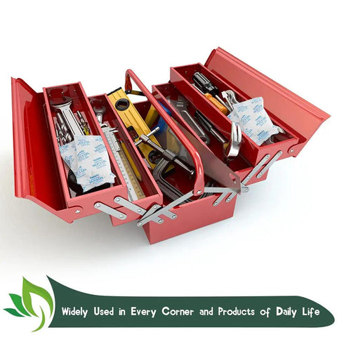 Rock Solid Food Grade Silica Gel Desiccant Packets One Gram Each With Two Hundred Fifty Total Sachets in a red toolbox.
