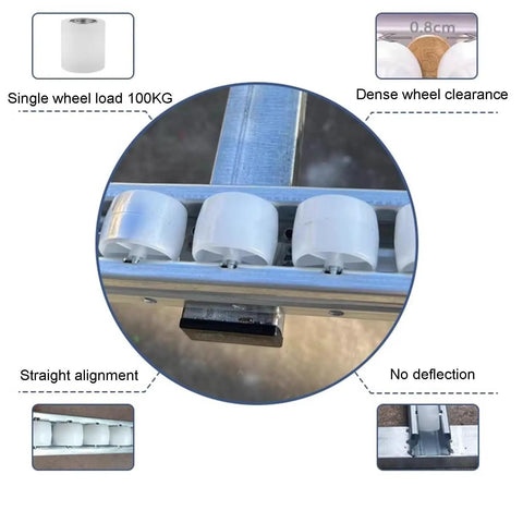 Close-up of Rock Solid Foldable Gravity Roller Conveyor with Durable Abs Plastic Wheels, showing alignment and wheel load capacity.
