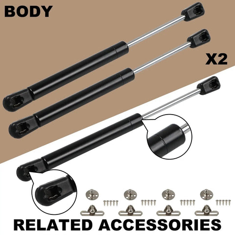 10 Inch Gas Struts With 35 Pound Force Smooth Lift Supports For RV Doors Truck Toolboxes And Camper Shells No Sweat Operation, showing two gas struts and related accessories.