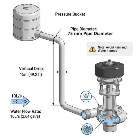 Diagram of Portable Micro Hydroelectric Generator Power Station 1000W 110V-220V showing pressure bucket, pipe, and turbine.