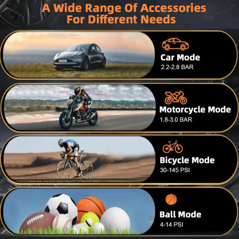 Image showing a range of modes for Hot Shot Portable Tire Inflator 150 Psi Air Compressor for cars, including car, motorcycle, bicycle, and ball options.