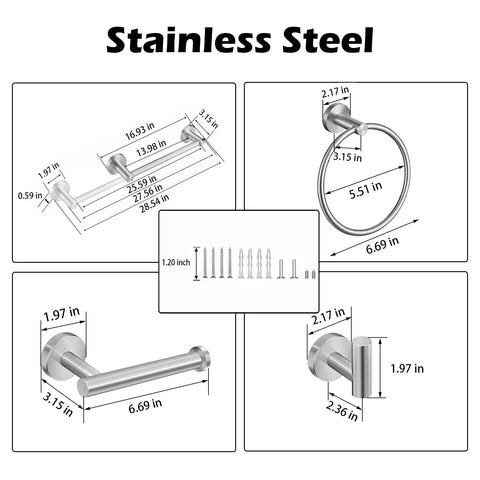 Diagram of 8 Piece Adjustable Bathroom Hardware Set In Brushed Nickel Stainless Steel Built To Last With 17 To 29 Inch Towel Bar.