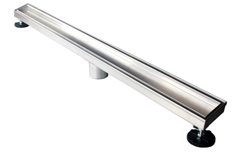 30 Inch Linear Shower Drain With Tile Insert Grate And Hair Strainer Includes Leveling Feet 2 Inch Center Outlet 304 Stainless Steel Tileable Top Grate For A Sleek Modern Look And Easy Cleaning showing full length with center outlet and leveling feet