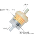 Magnetic Gas Inline Fuel Filter showing inlet, outlet, and fiber filter with magnet for catching metal shavings, universal fit.