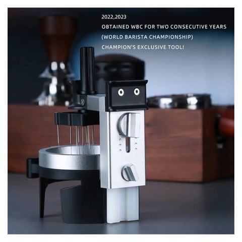 Premium Barista Grade Rotating Espresso Stirrer And Coffee Distribution Tool With Adjustable Needles For Dead Simple Grounds Prep, silver and black design.
