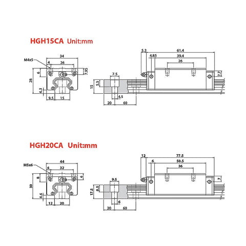 HGH20CA Bearing Block Slider Block Carriage For HGR20 Square Linear Guide Rail CNC Machine And DIY Project, Built Tough Steel, Easy Mount With M5x6 Screws, Precise Linear Motion, Smooth Travel, Plug And Play For Crafting And Milling. dimension drawing of HGH20CA and HGH15CA linear block sizes, carbon steel, for HGR20 rail