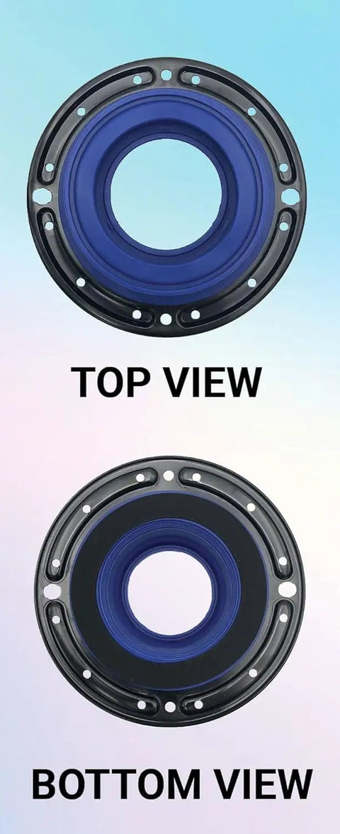 Top and bottom views of an Adjustable Toilet Flange Repair Kit For Broken Or Low Bowls Features Self Adjusting Wax Free Seal.