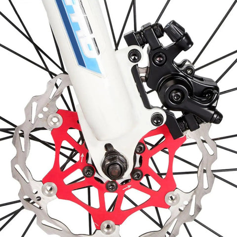 Heavy Duty Pair Of Mechanical Disc Brakes For Mountain And Road Bikes Aluminum Caliper mounted on a bike fork, red rotor visible.
