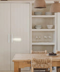 Bright White 5 Pack Closet Door Handles 3.75 Inch Center Pulls on a cabinet in kitchen setting showing handles clearly