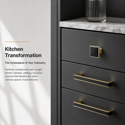 Sleek Black Gold Cabinet Pulls Five Pack With Matte Finish For Modern Kitchen Makeover, showing two-tone handles on dark cabinetry.