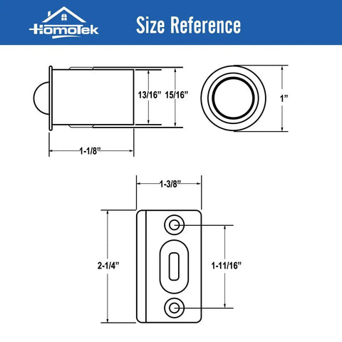 Size reference diagram for Four Pack Concealed Ball Catch With Matching Strike Plate For Closet Doors Satin Nickel Die Cast.