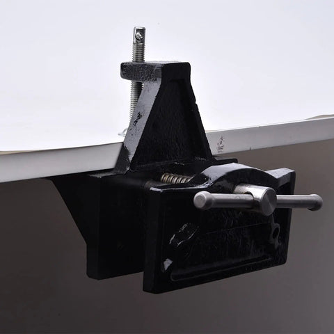 Premium Cast Iron Table Vise With Quick Opening Woodworking Clamp Tool mounted on workbench, showcasing durable steel body and quick release.