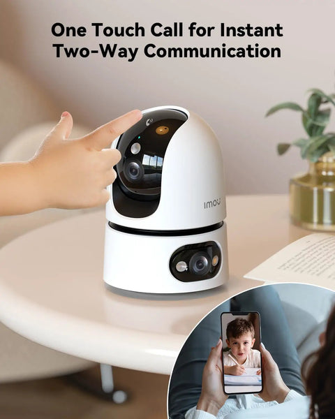 2K WiFi Indoor Security Camera For Pets And Baby With AI Motion And Sound Detection on table, showing two-way communication feature