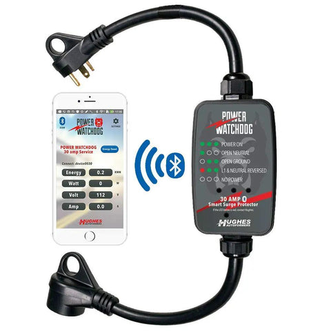 Bluetooth Enabled 30 Amp Surge Protector for RV and Coach, 3,000 Joules, Portable 14 Inch with real-time app monitoring on phone.