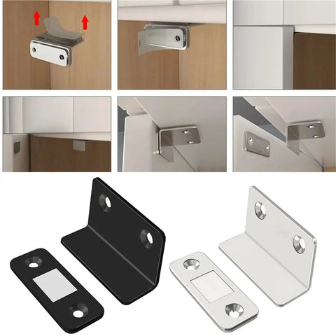 Upgrade Your Gear With This Ultra Thin Invisible Magnetic Steel Catch Latch For Sliding Doors And Wardrobes Plus Strong Suction Closer Hardware. Black and silver steel components for wardrobe hardware.