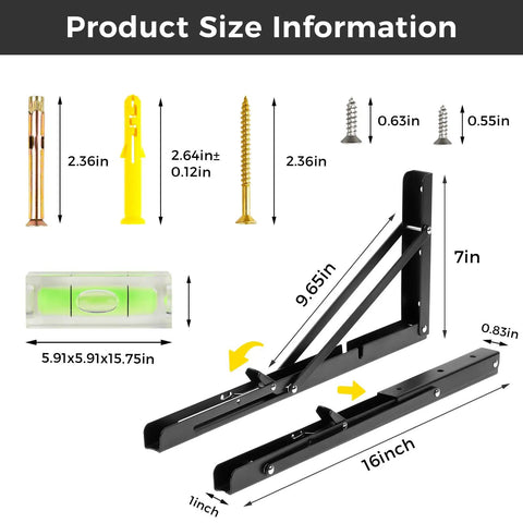 Product Size Information for Solid 16 Inch Folding Shelf Brackets 2 Pack Wall Mounted Space Saving Desk Supports Heavy Duty Steel.
