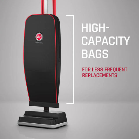 Hoover Commercial Superior Lite Upright Vacuum Cleaner Lightweight at Nine Pounds With Forty Foot Cord, showing high-capacity bag design.