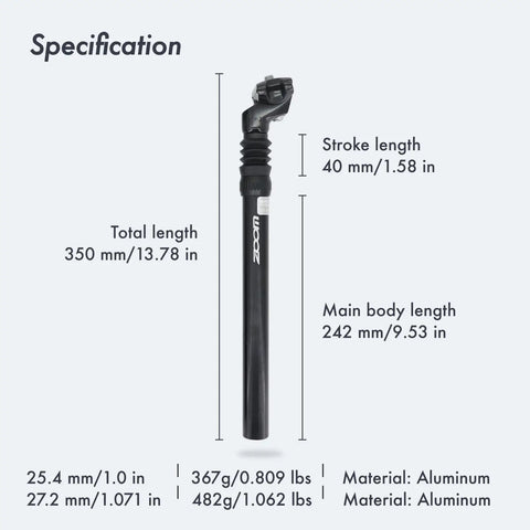 Smooth Ride Bike Suspension Seat Post With 40mm Travel And Adjustable Clamp Angle, 6061 Aluminum, Dimensions and Weight