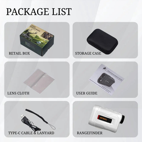 Package list for Ready To Roll Golf Rangefinder With Slope Compensation includes retail box, storage case, and accessories.