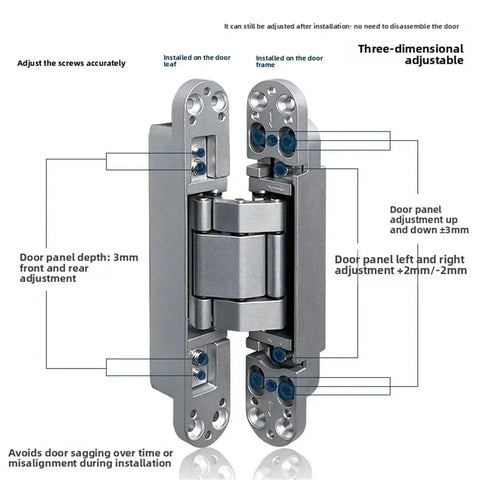 Heavy Duty Concealed Adjustable Invisible Door Hinge With Solid Cross Shaped Wooden Handle Built Tough For A No Sweat Hidden Room Makeover And Smooth Daily Swing In Deep Black Coating, showing adjustment details.