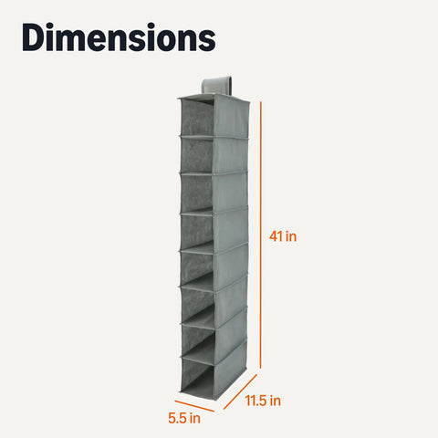 Eight Tier Hanging Closet Organizer Space Saving Shoe Rack And Wardrobe Storage Foldable Vertical Hanging Shelves dimensions 41x11.5x5.5 in Dark Grey.