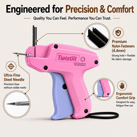 Handheld Stitch Gun For Clothes Featuring No Sew Hemming And Tagging With Six Strong Needles And Two Thousand Micro Fasteners, pink with ergonomic grip.