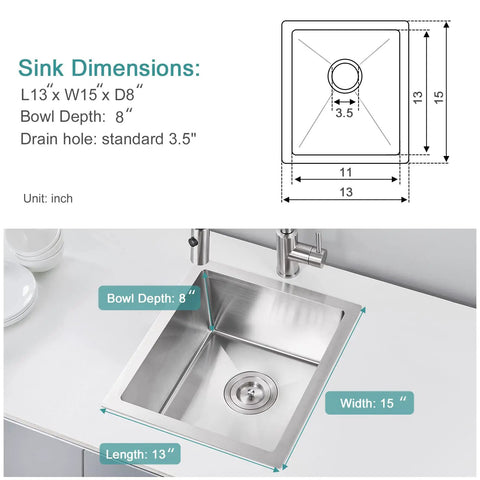 Undermount Bar Sink 13 By 15 Inch Single Bowl For Prep Kitchen, Handmade 18 Gauge T304 Stainless Steel installed in countertop