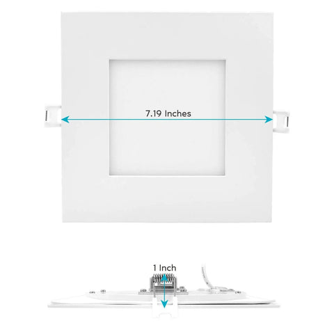 Front and side view of Six Inch Ultra Thin Square LED Recessed Light Kit With Dimmable 12W Downlights, showcasing dimensions.