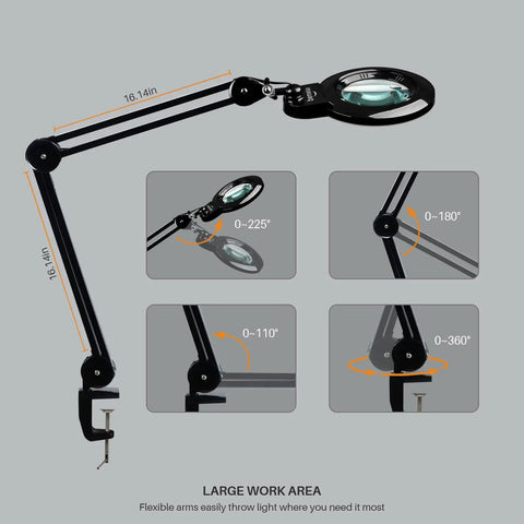 Bifocal Magnifying Desk Lamp With Clamp And Detachable 6 Inch Lens, 5 Diopter And 20 Diopter, 120 LEDs, adjustable swivel arm