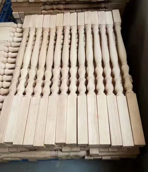 Upgrade Your Space With Premium Replacement Wood Balusters And Stair Spindles For Quick Porch Fixes, Classic Carved Poplar Columns ready for indoor rails, massive 30 pack of 37 inch posts showing stacked spindles.