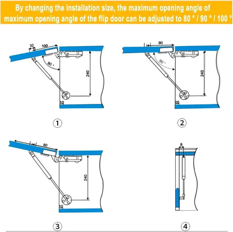Diagram showing installation options for Heavy Duty Silver Gas Struts For Cabinets With 40N 9Lb Hydraulic Lift Supports.