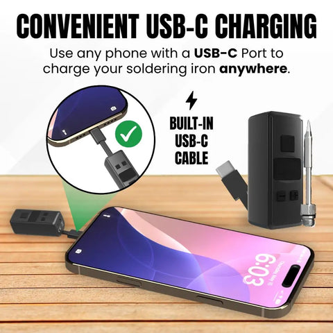 On The Go Pocket Sized Soldering Iron Pen With Built In USB C Cable charging via smartphone on wooden table background