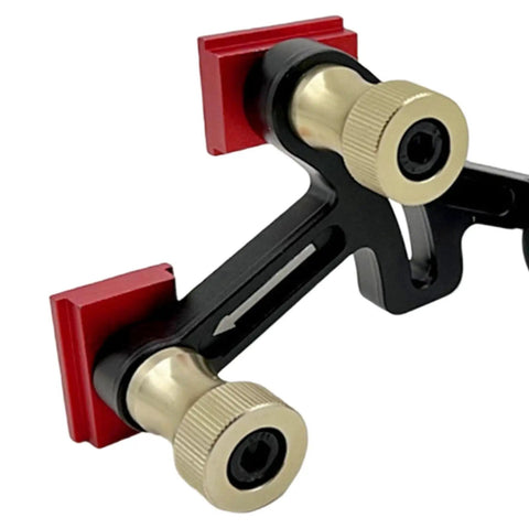 Buttery Smooth Glide No Sweat Setup Rock Solid Precision Tracking Table Saw Stock Guides With Shockproof Aluminum Rollers and Dual Bearing Push Blocks For Woodworking Cuts close-up of aluminum guide system with red pads and gold knobs