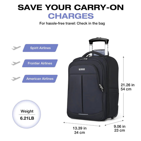 durable rolling backpack carry-on with wheels, fits Spirit, Frontier, and American Airlines size regulations, lightweight travel bag